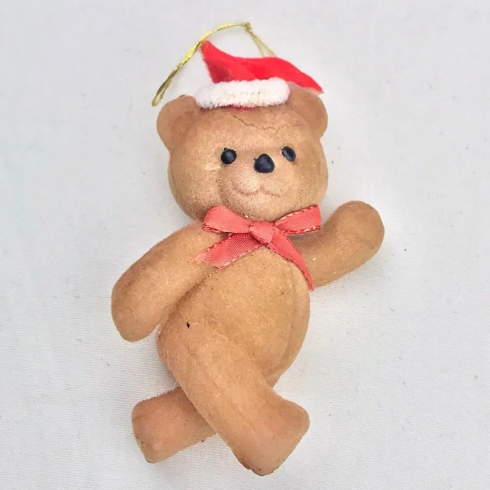 Flocked Teddy Bear Ornament Vintage Christmas Santa Hat Bow Tie MCM